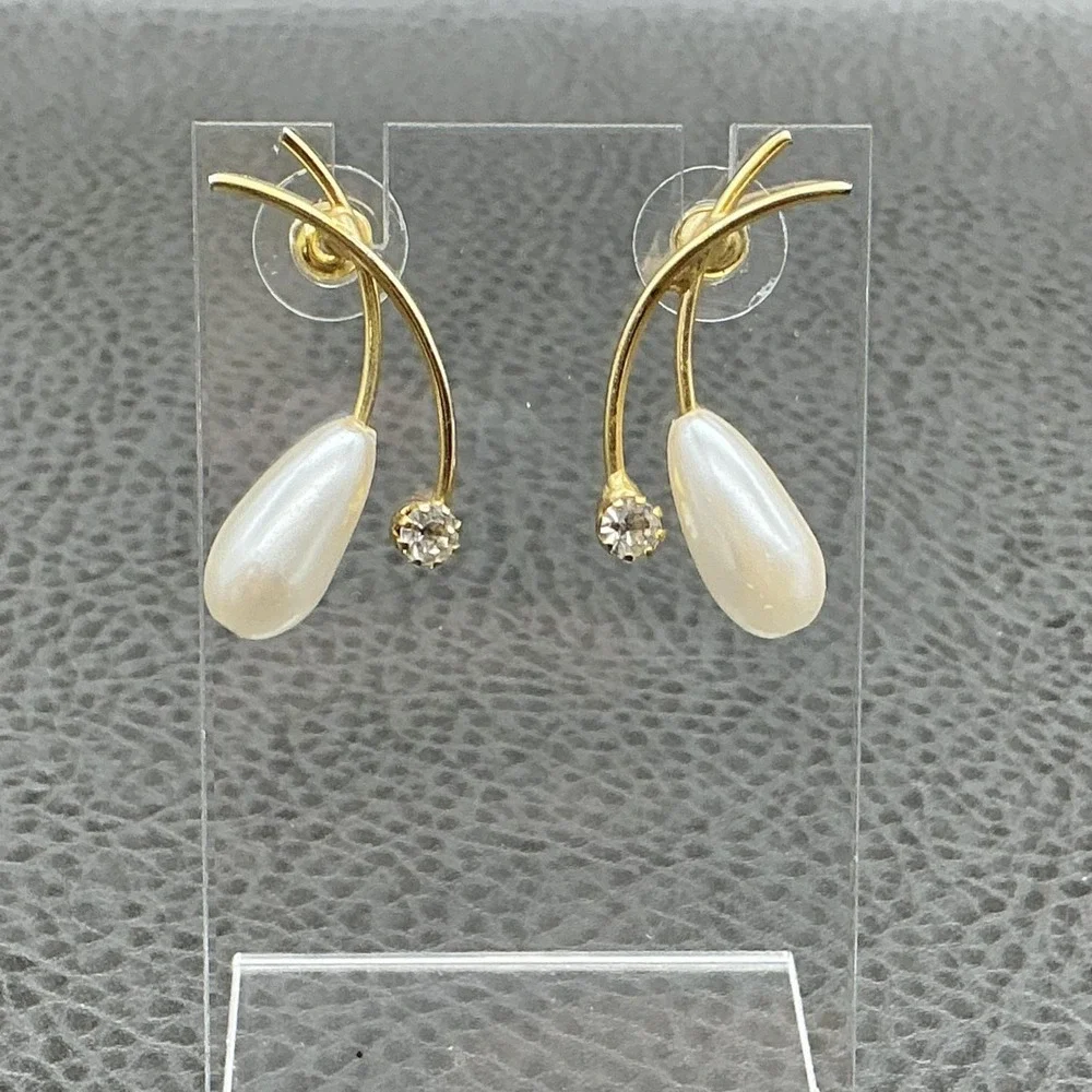 Gold Tone Teardrop Faux‎ Pearl Rhinestone Dangle Drop Earrings Womens Costume